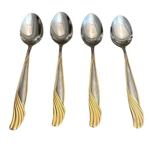 Cambridge Stainless Florentine Set of 4 Teaspoons Small Spoon Silver Gold 6 1/8" - Picture 1 of 6
